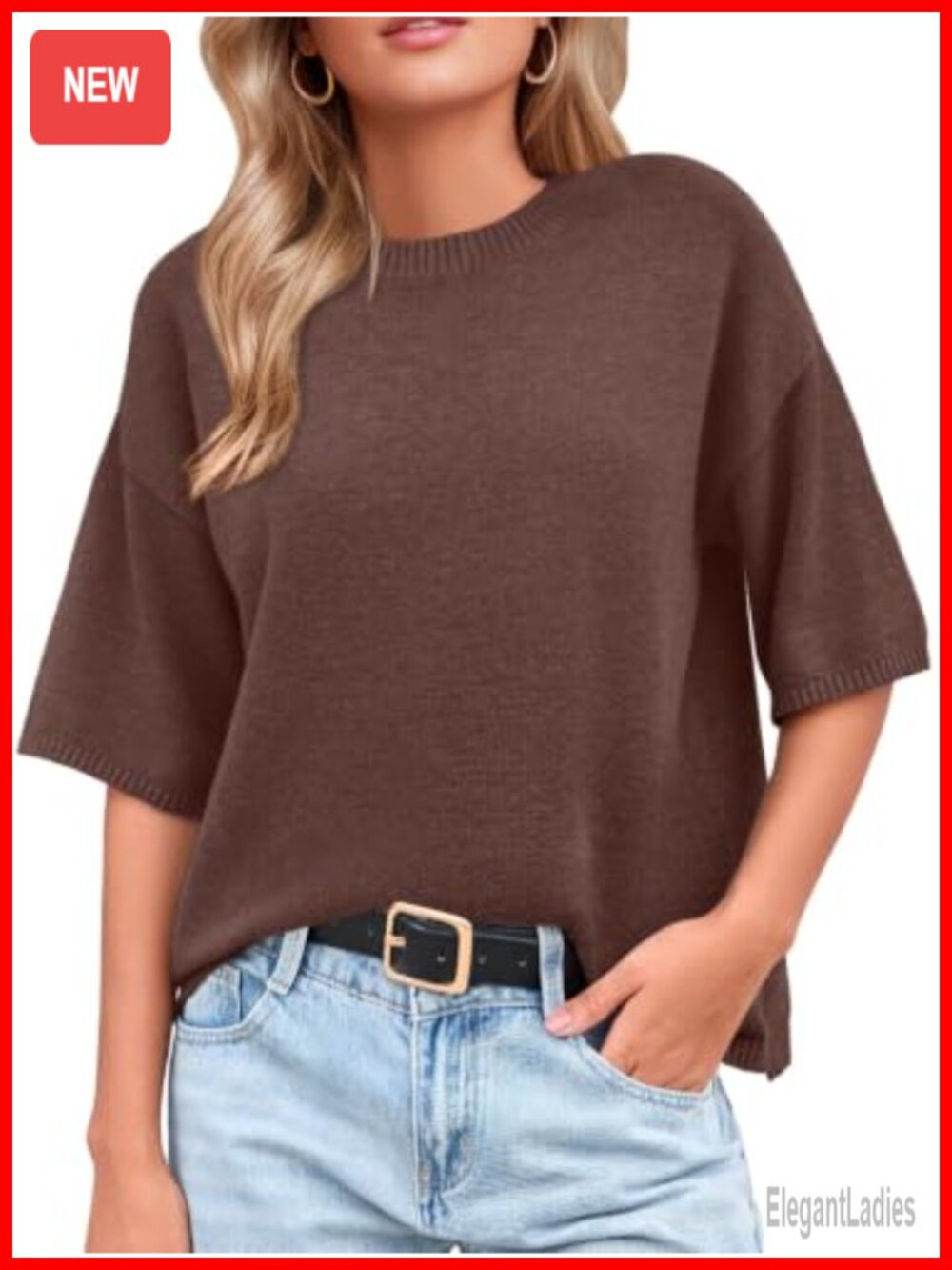 Womens Oversized Short Sleeve Sweater Crewneck Ribbed Knit Pullover Top
